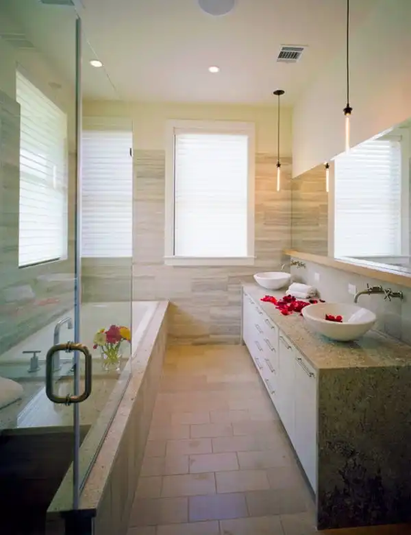Contemporary bathroom narrow spa feel