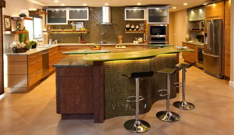 Curved kitchen island with counter stools