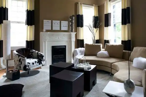 Curved sofa for living room and striped curtains
