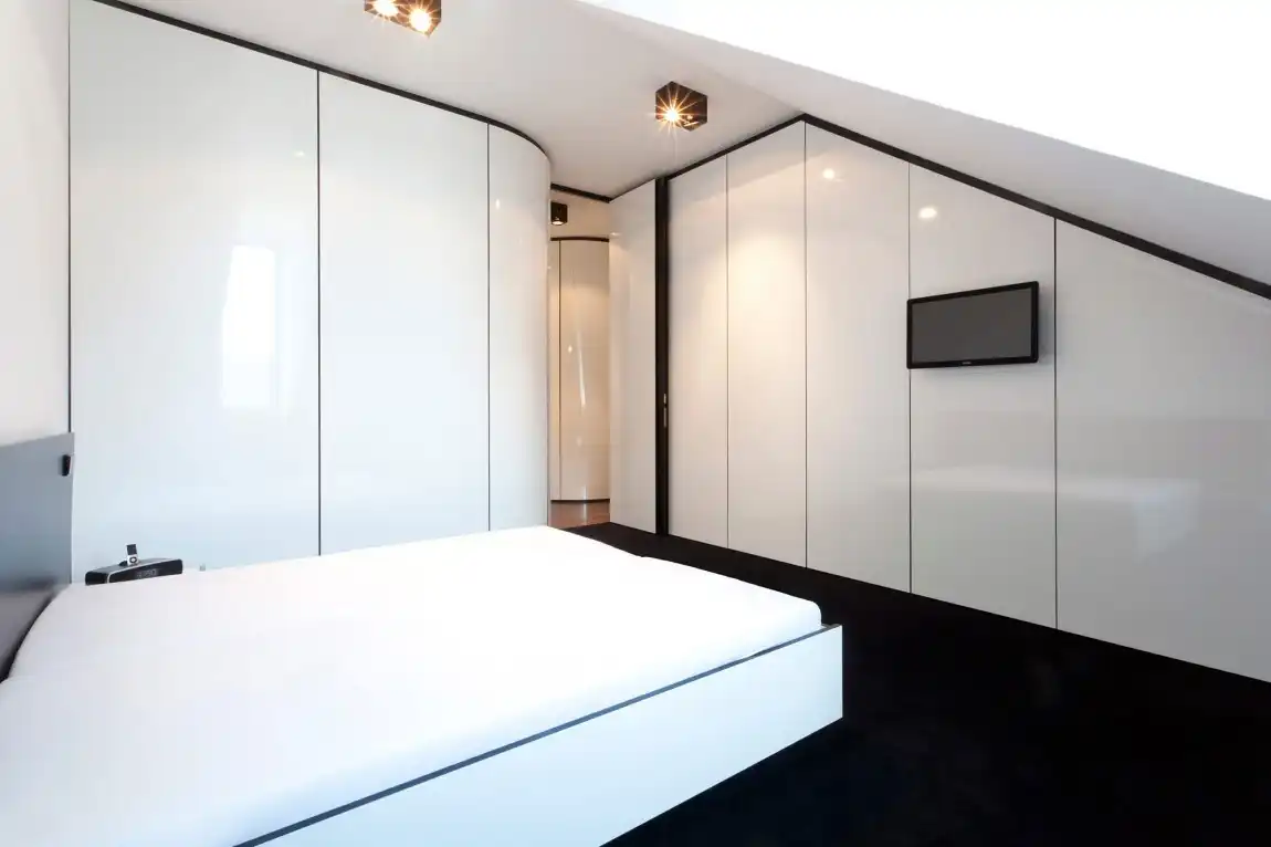 combine Straight Lines and Soft Curves black and white bedroom