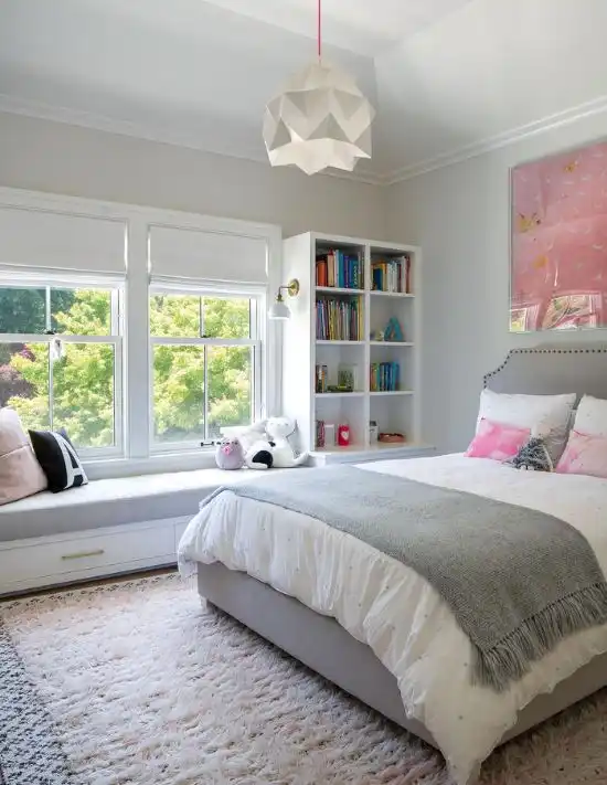 Dove gray girls room with window seat