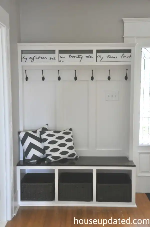 An entryway stand with cubbies