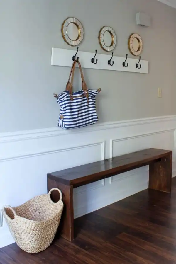 Wall-mounted coat rack and freestanding bench combo