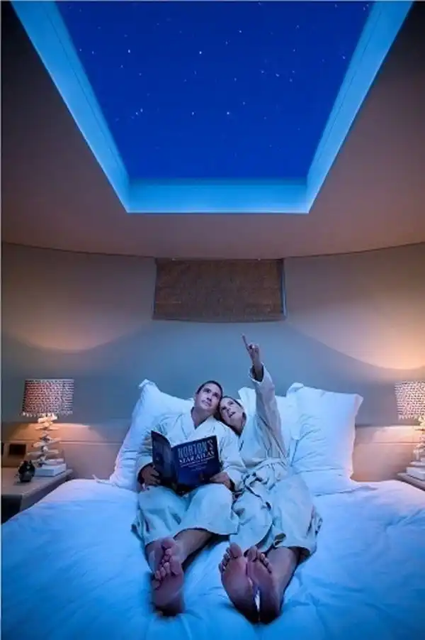 Fancy hotel bedroom skylight view