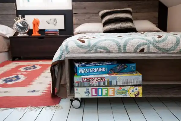 Foot bed table on wheels storage