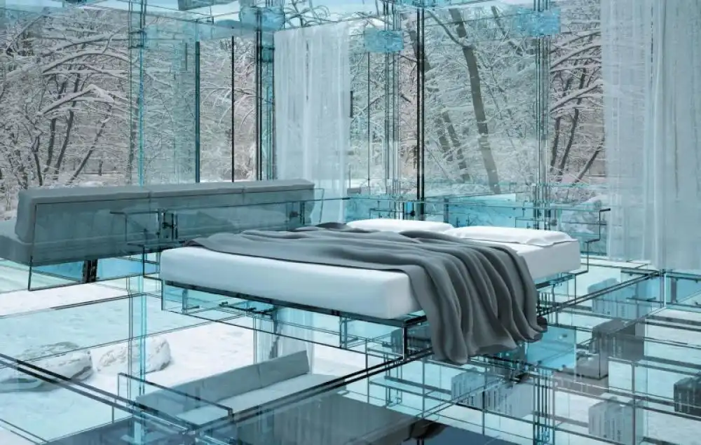 Futuristic bedroom design with glass floor in glass ceiling walls