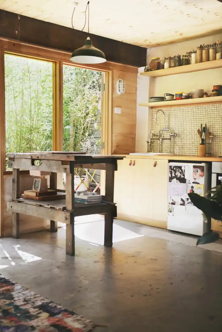 Garage turned studio apartment kitchen