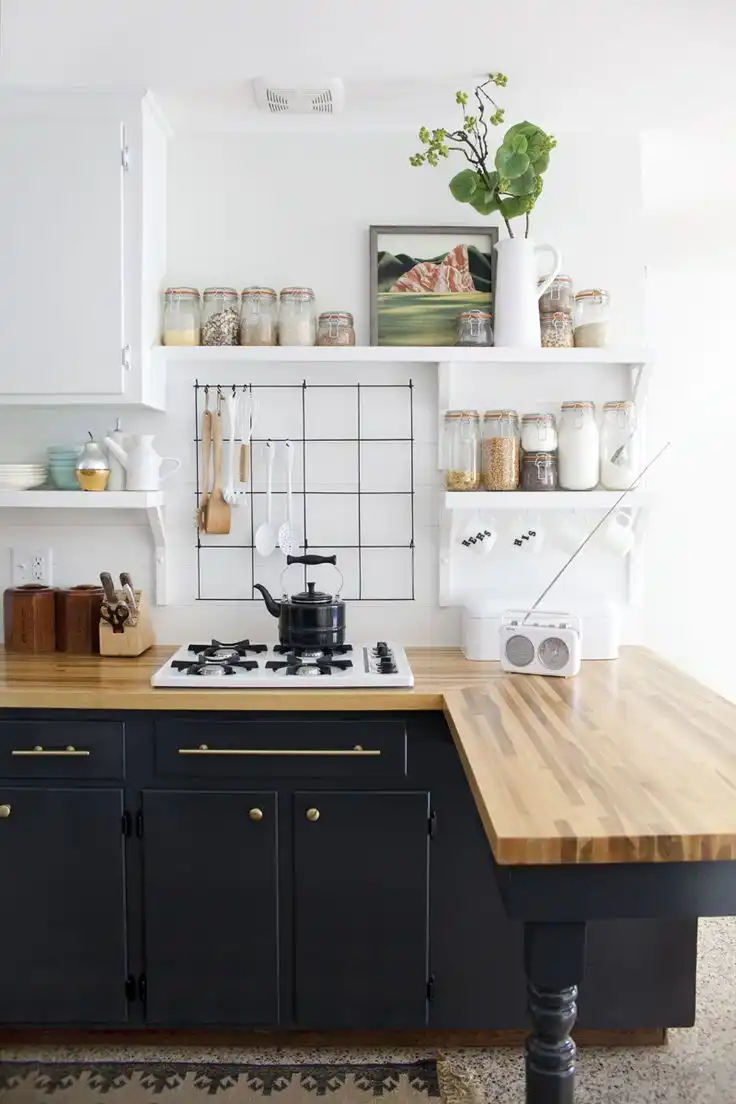 black cabinets in kitchen with wood countertops