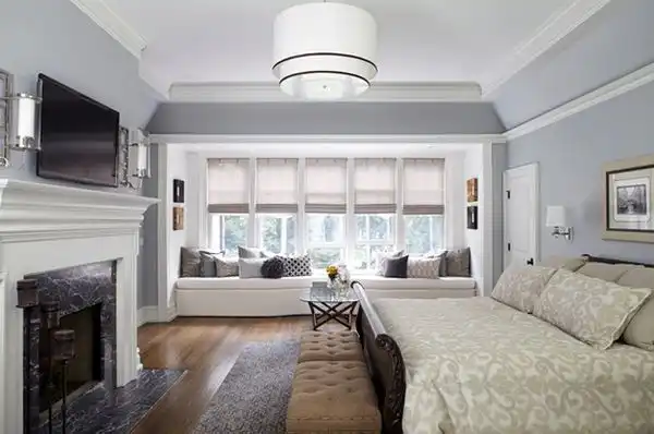 Gray master bedroom cozy reading window
