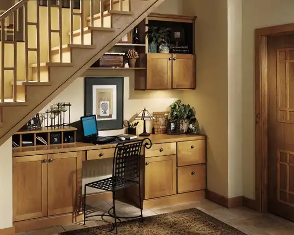 Home office under stairs storage