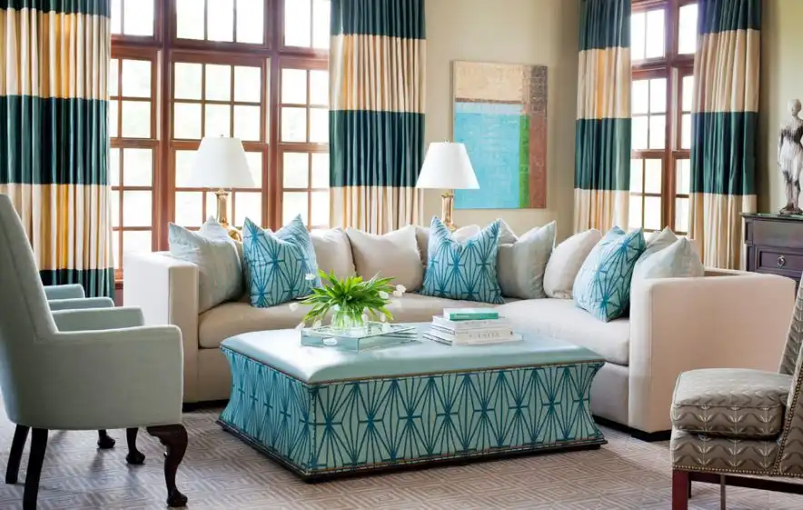 Horizontal striped curtains turquoise accents