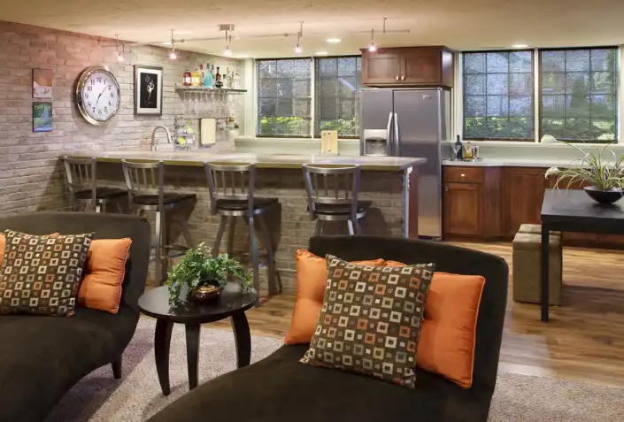 Living room with bar area stone wall