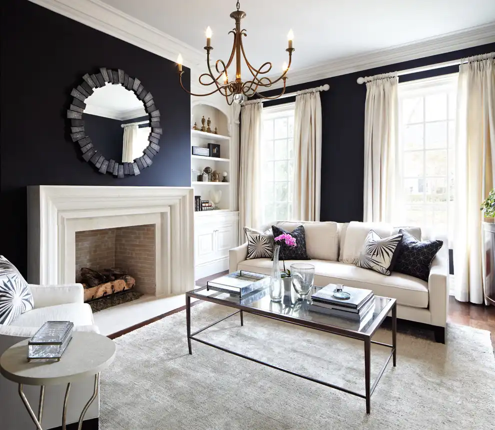 midnight living room interior decor with fireplace and chandelier