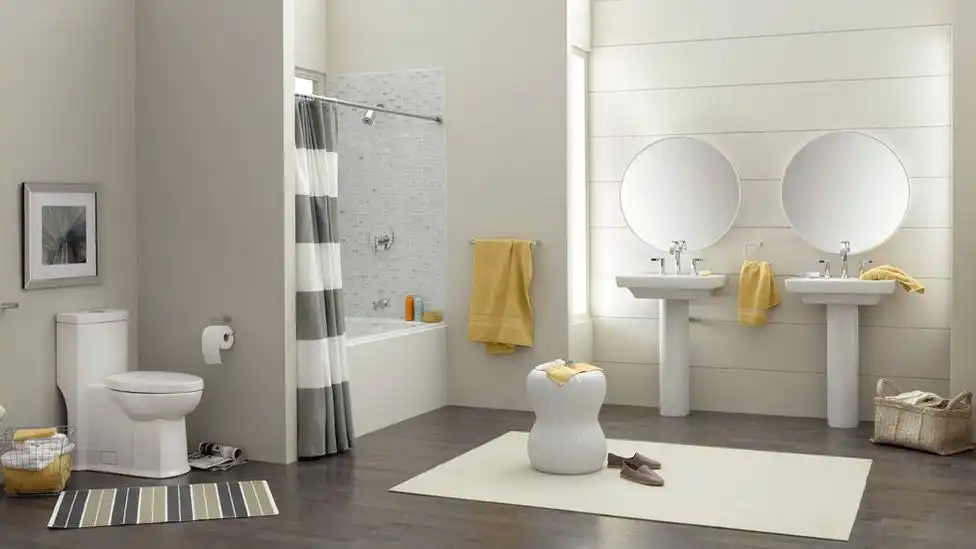 Modern bathroom design grey striped curtain