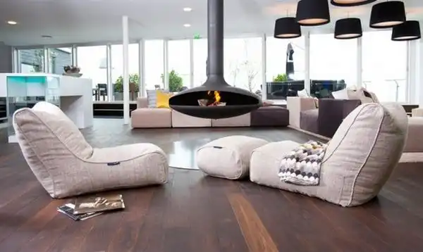 Modern living room floating fireplace