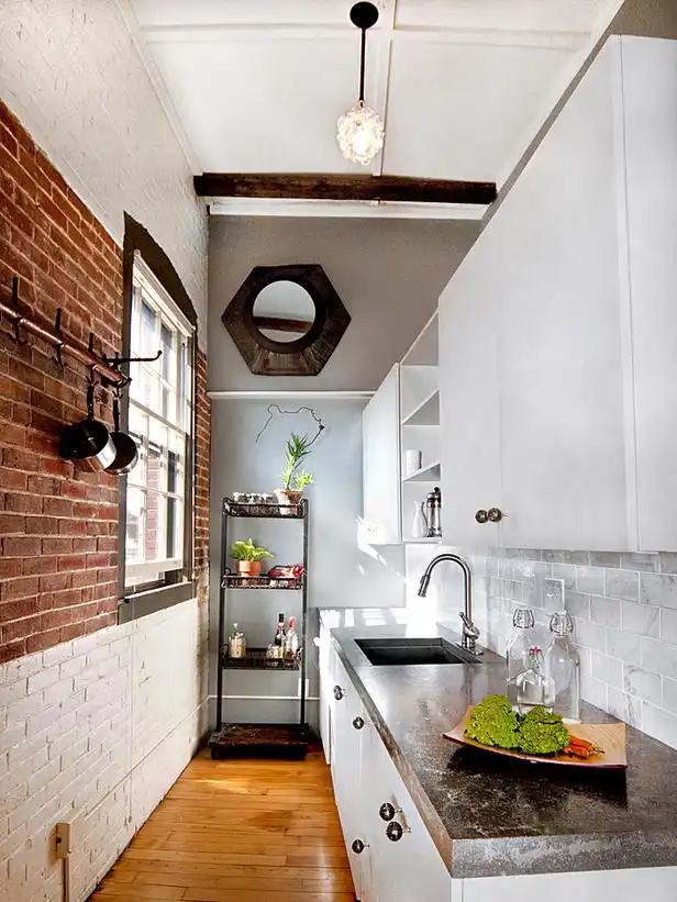 Narrow kitchen bricks wall