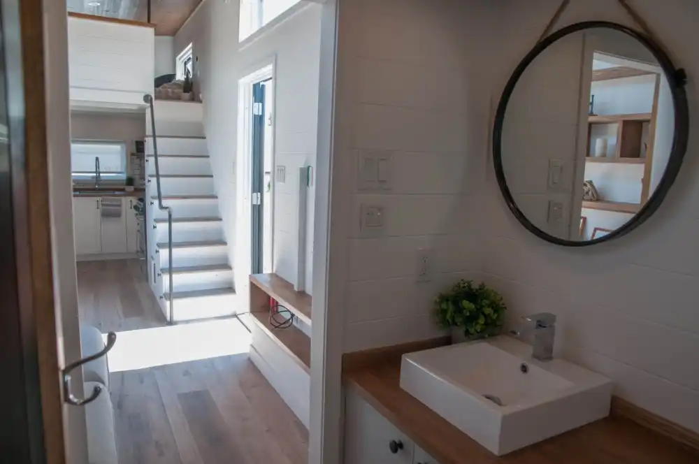 Off grid Eucalyptus tiny home bath