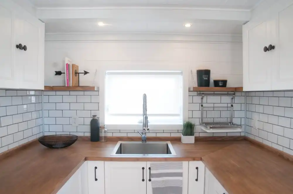 Off grid Eucalyptus tiny home kitchen sink