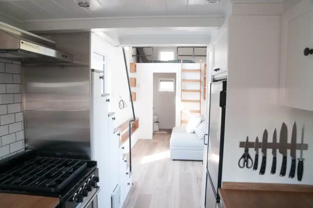 Off grid Eucalyptus tiny home kitchen