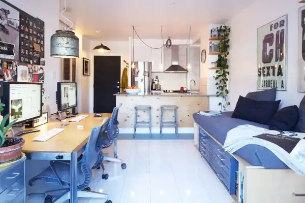 Open space room desk living kitchen