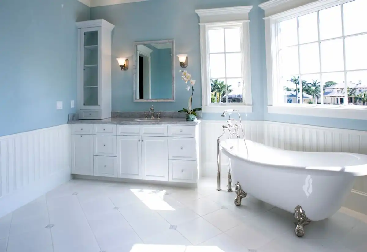 Pale blue and white bathroom color scheme