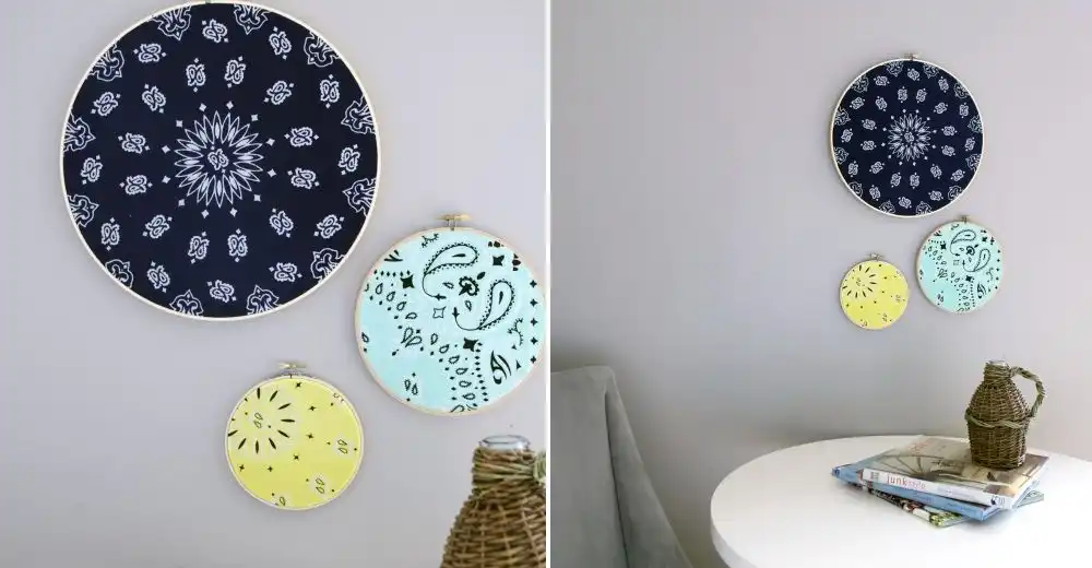 patterned fabric in embroidery hoops