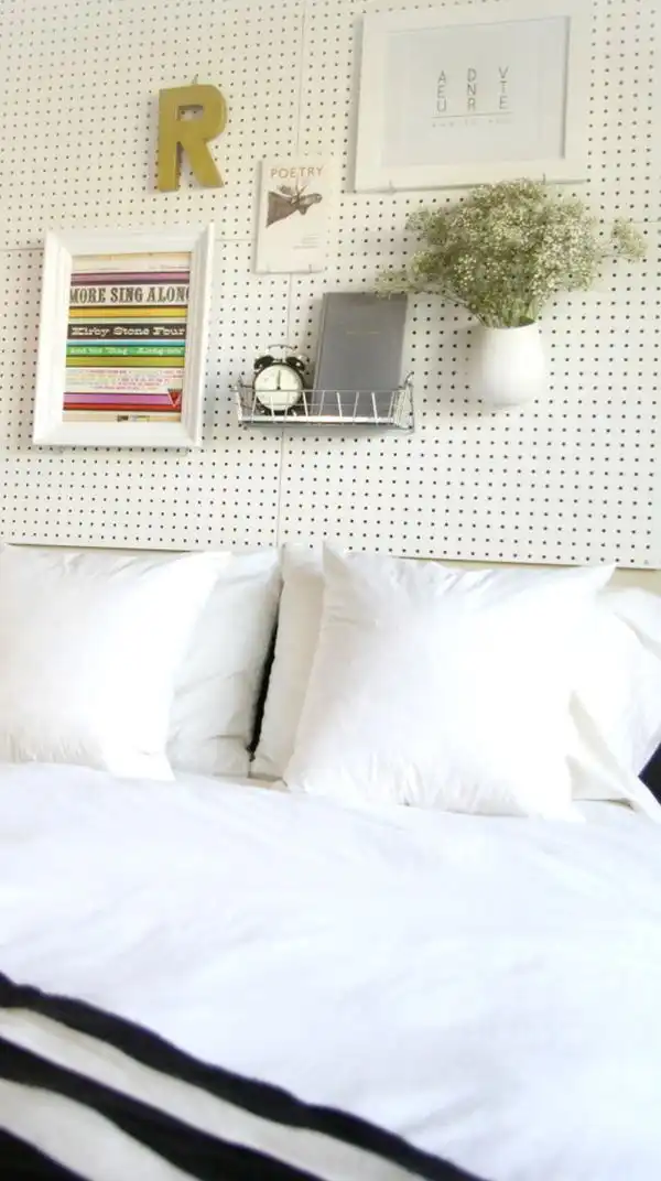 Pegboard headboard storage things
