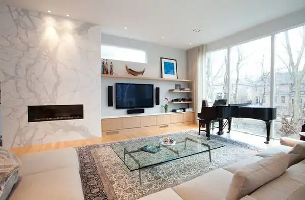 Piano room marble fireplace wall