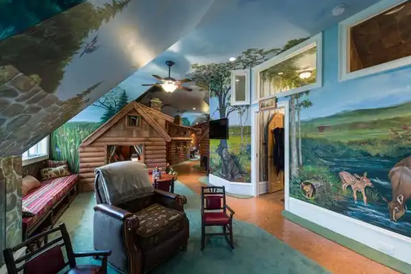 Playroom seating area featuring murals