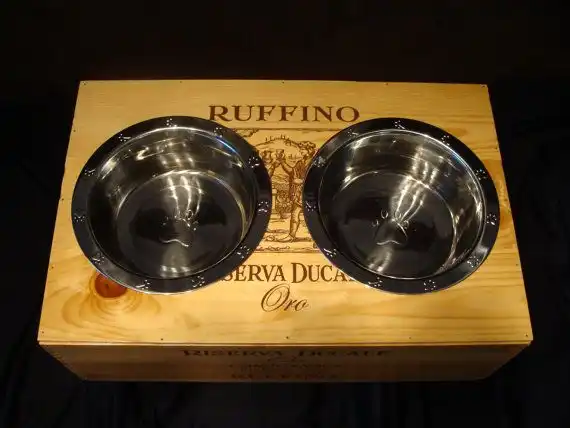 raised dog dishes out of wine crate