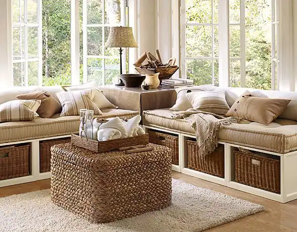 Rattan baskets under bench window