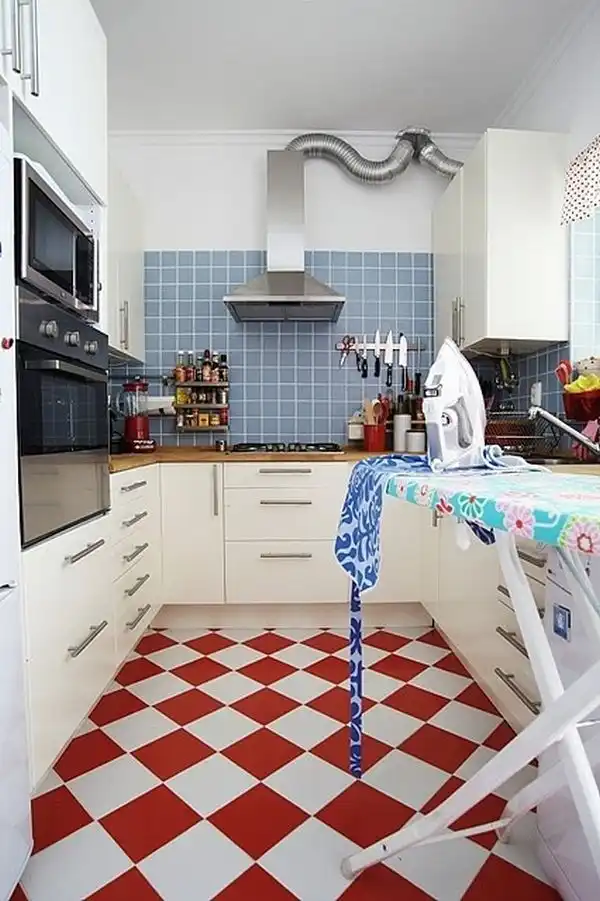 Red and white kitchen floor tiles