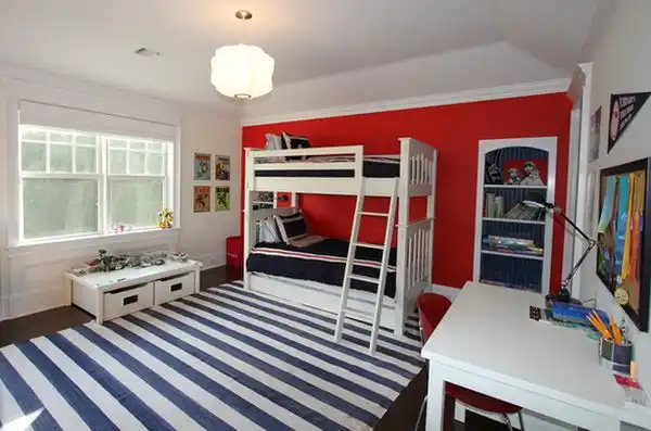 Red color blocking kids bunk room