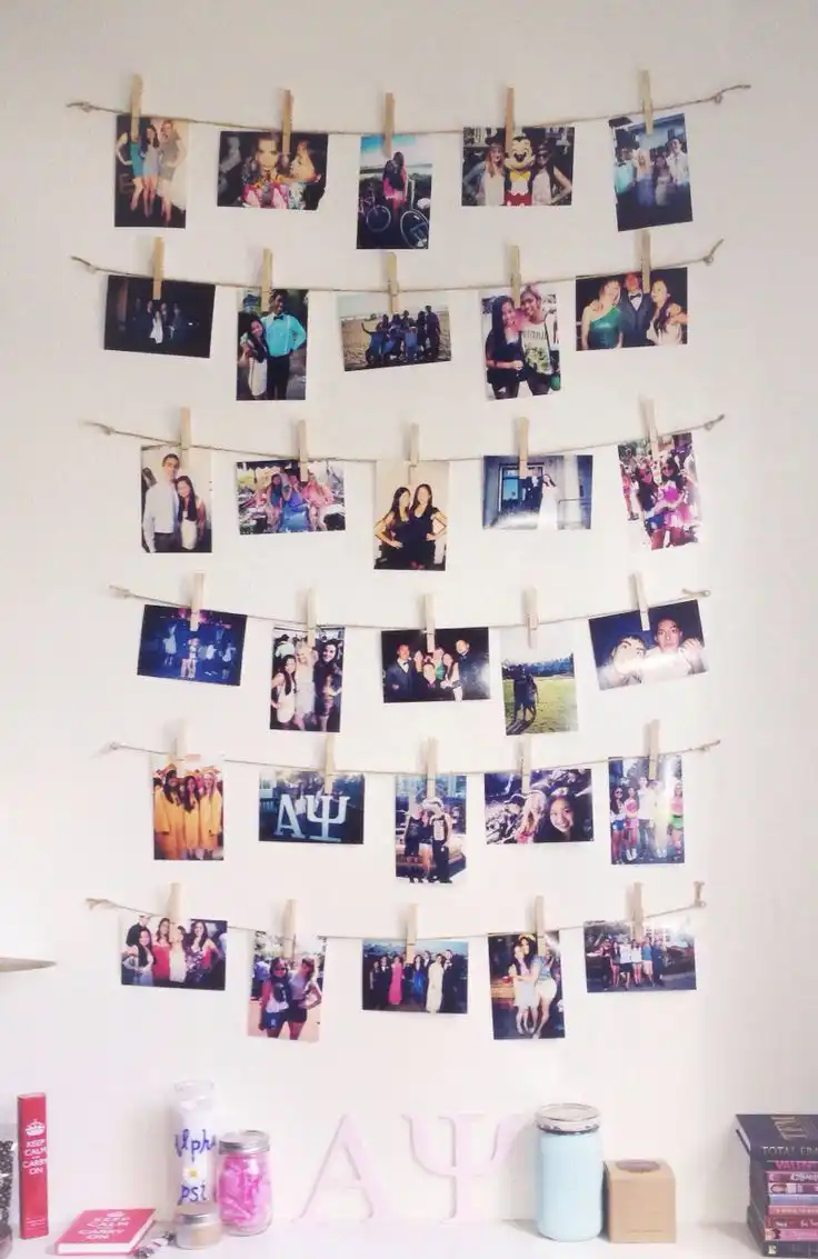 Rope and clothes pins to display photos