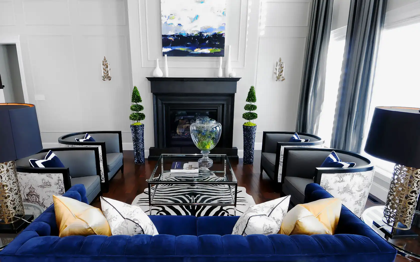 Royal black and white with tones of blue