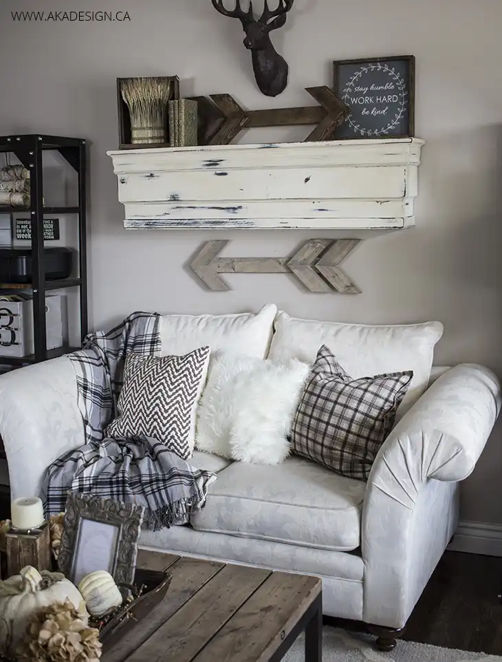 Rustic living room with wood accents arrow