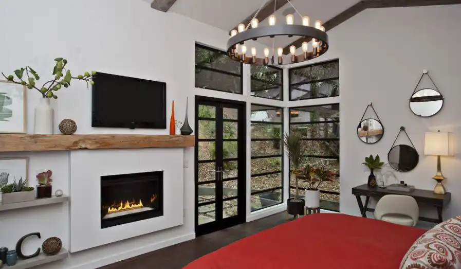 Rustic mantel for a modern room white walls
