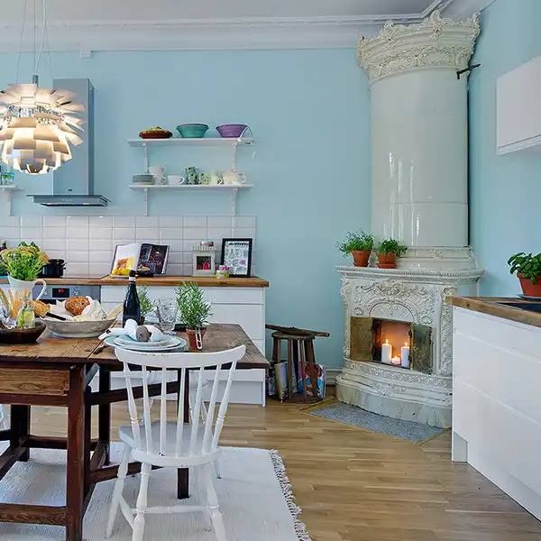 Scandinavian corner fireplace kitchen