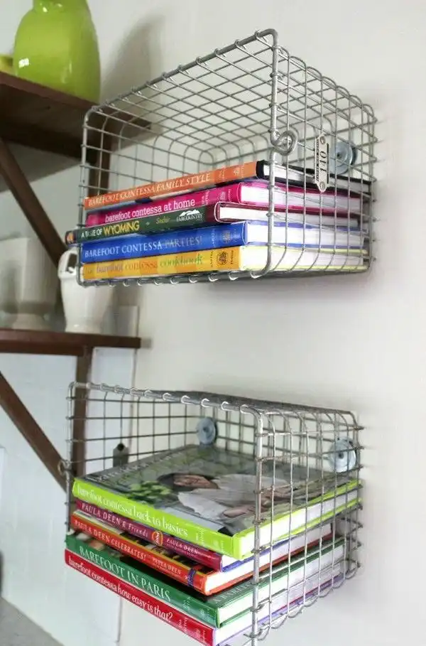 Store kitchen books vertical wire baskets