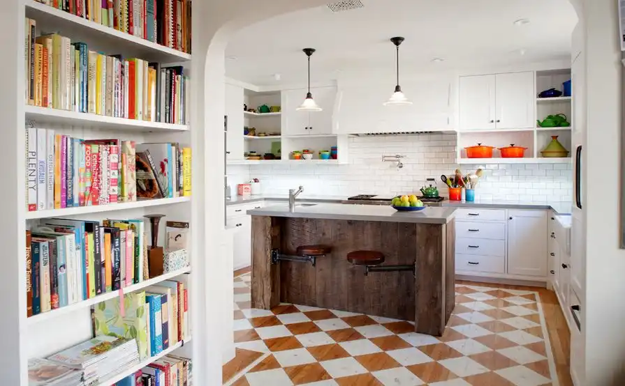 Subway kitchen tiles backsplash reclaimed wood island with seating