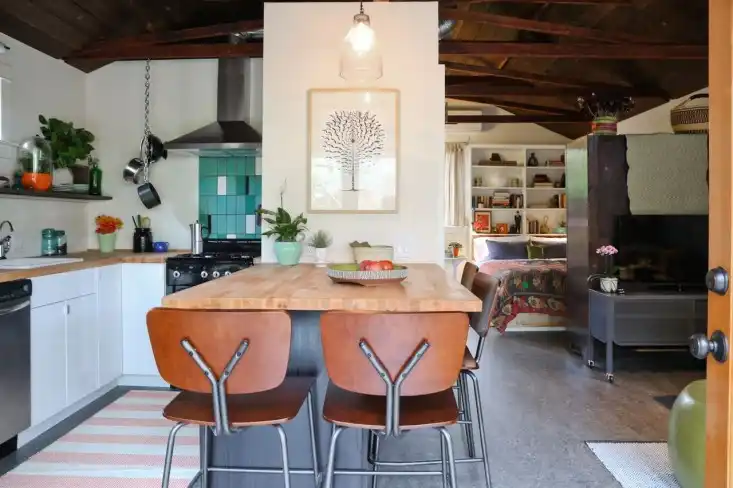 Tiny cottage garage conversion interior kitchen and living bedroom