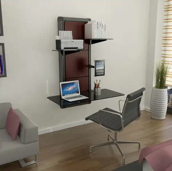 Wall mounted desk with shelves