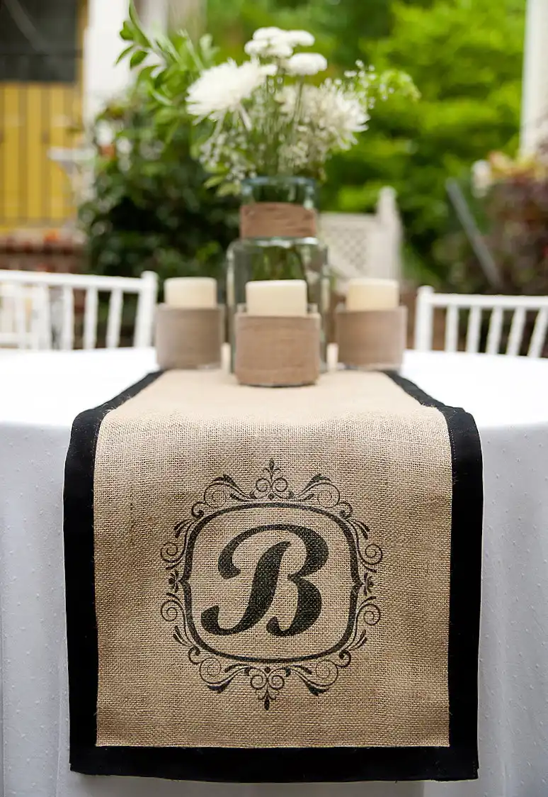 A stencil burlap table runner