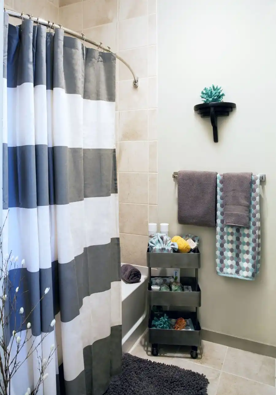 White and grey shower striped curtain
