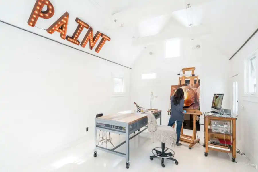 White floor home studio remodel in Denver with white walls