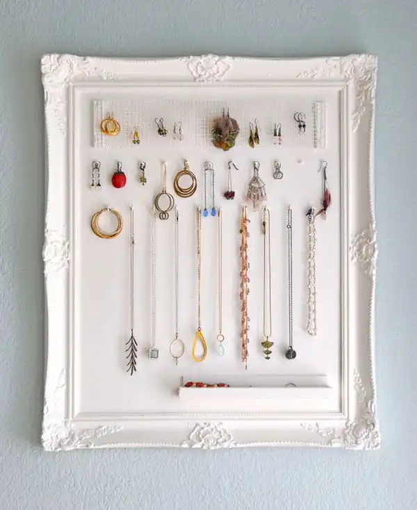 White framed organizer for jewelry