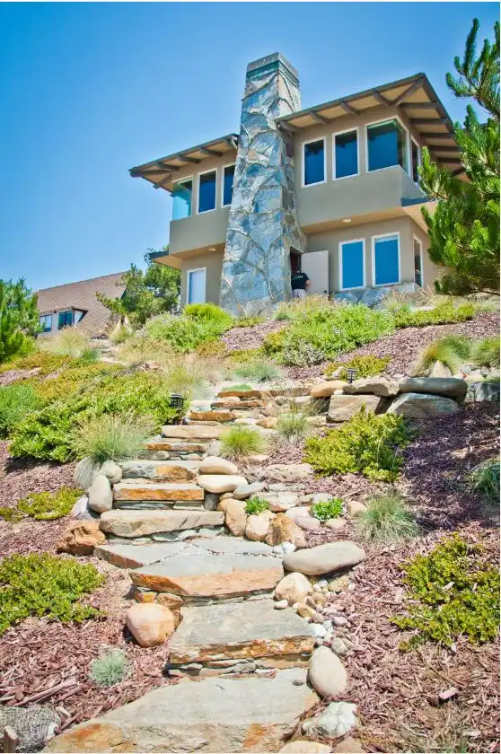 Wood chips and stone stairs eclectic hill