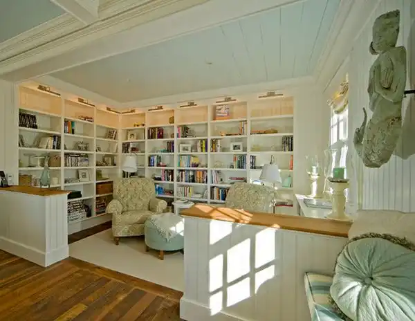 Wood paneling turquoise pal ceiling color library room