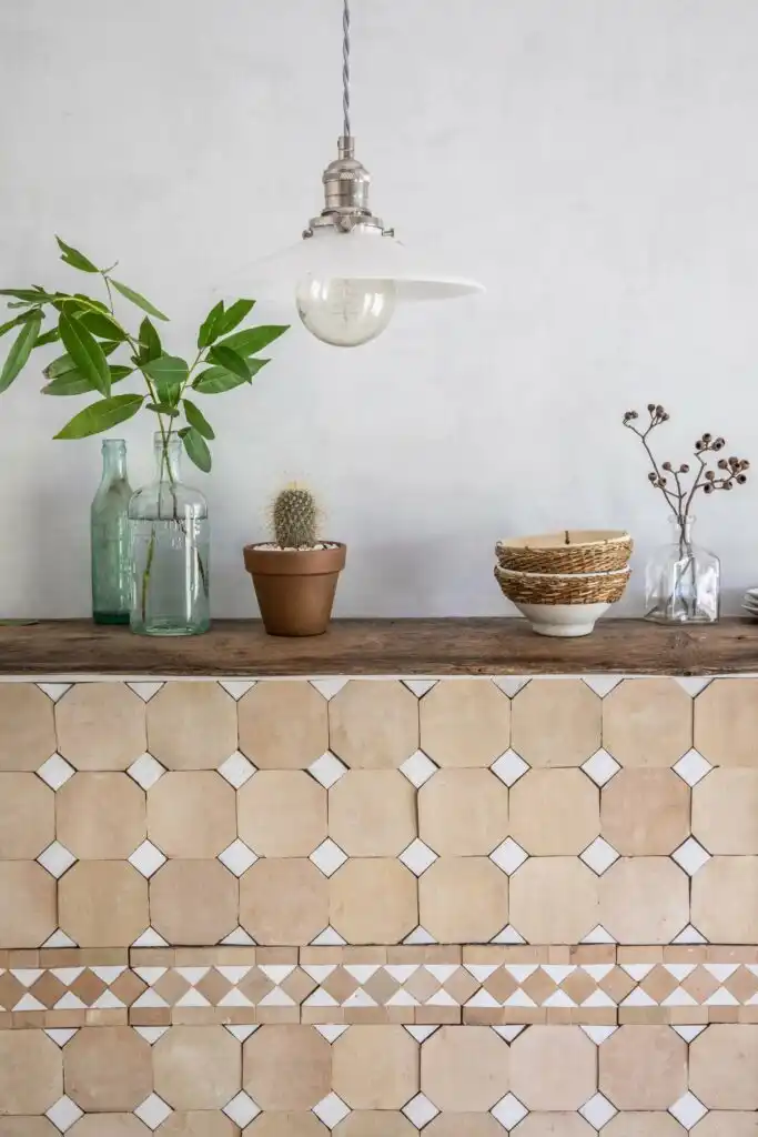 Zellige tiles tan and white on counter with plants 683x1024