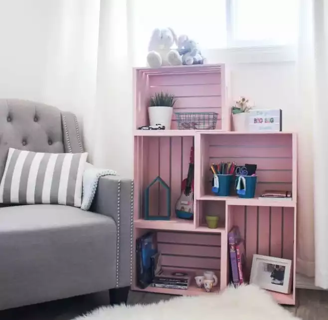 A customized wooden crate bookcase